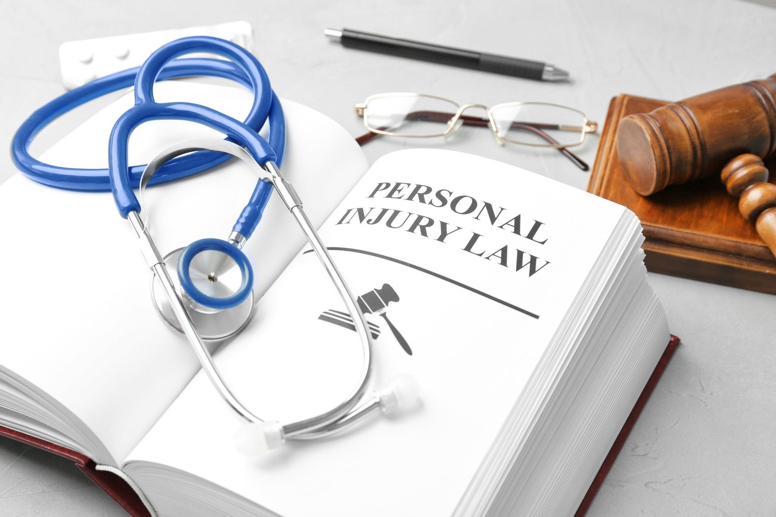 Book with words PERSONAL INJURY LAW and stethoscope on table